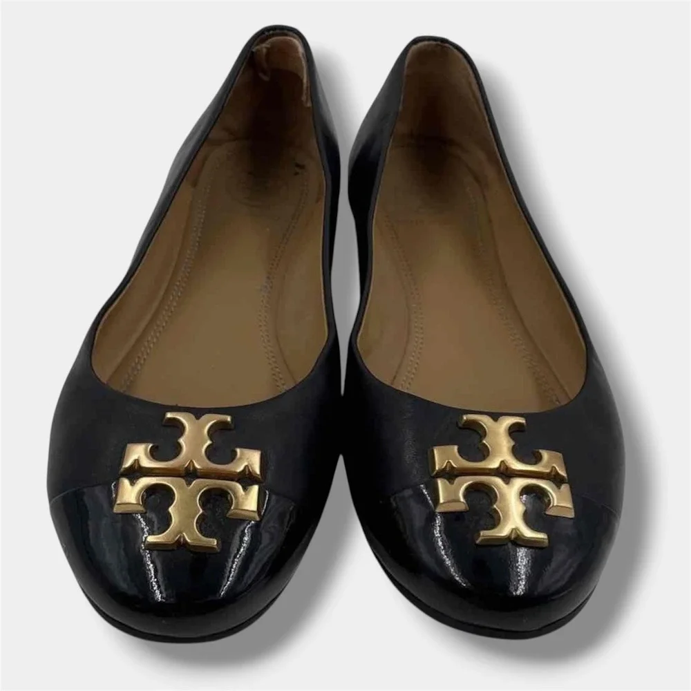 Tory Burch Ballet Flats Women 5.5 Black Excellent Leather Patent Logo Cap Toe